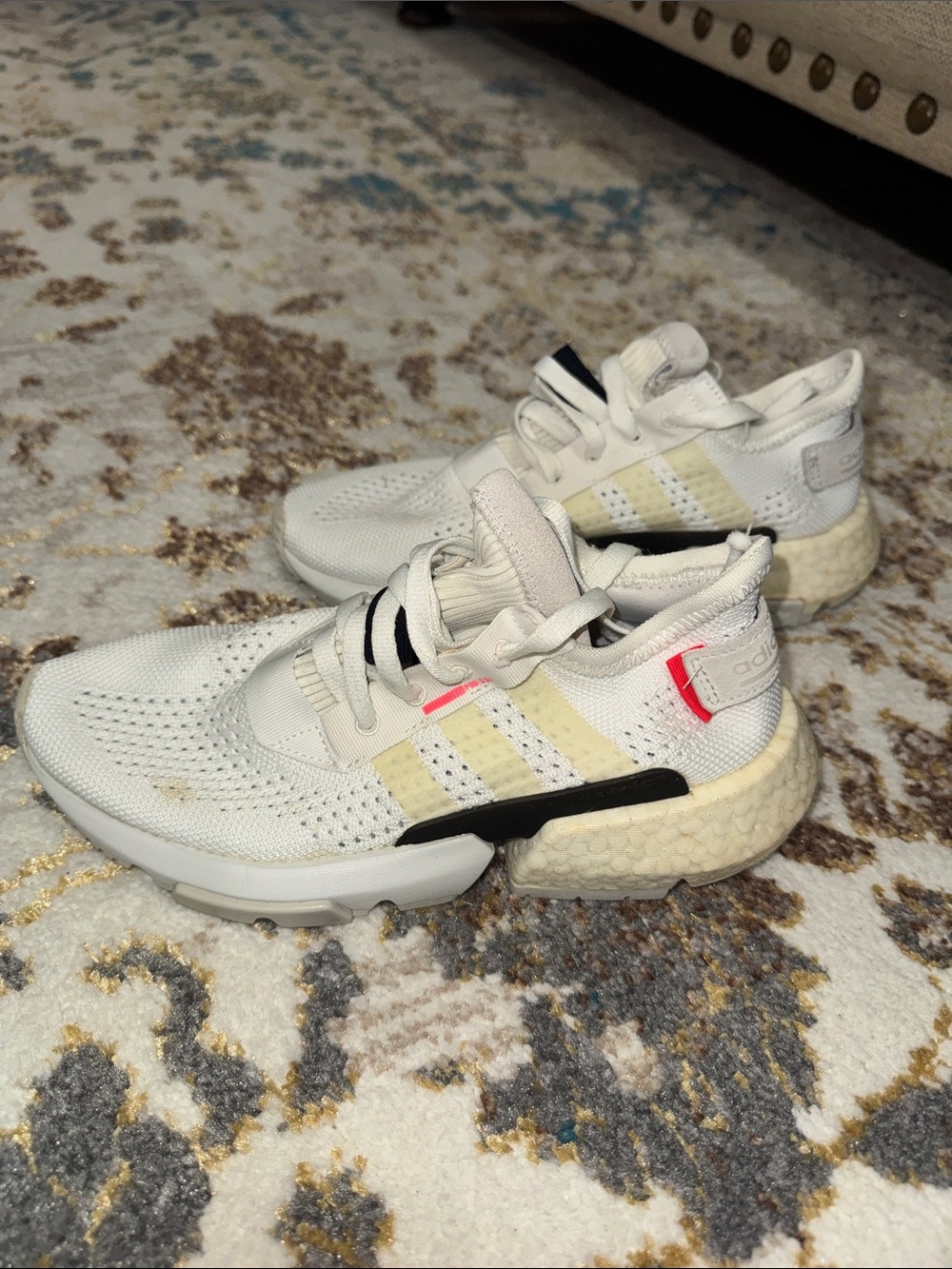 adidas womens White Sneakers with Cream Stripes and Black Accents